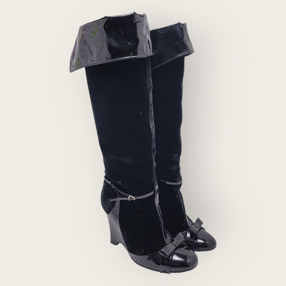 Laurence Dacade Velvet Patent Leather Bow Knee High Wedge Heels Boot Size 38 - Picture 1 of 15